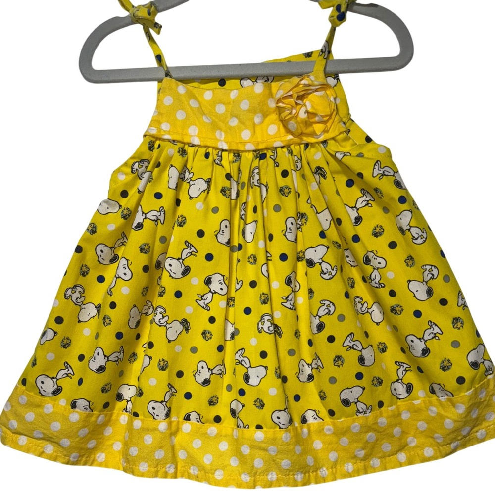 Vintage Baby Girl Snoopy Woodstock Dress Yellow Polka Dot Made USA Cotton 12M
